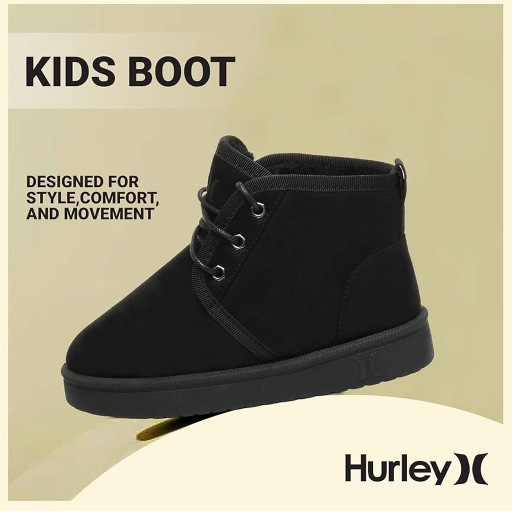 HURLEY Kids Black Mosi Winter Boots Fleece Lined Suede Snow Boots Unisex Size 2